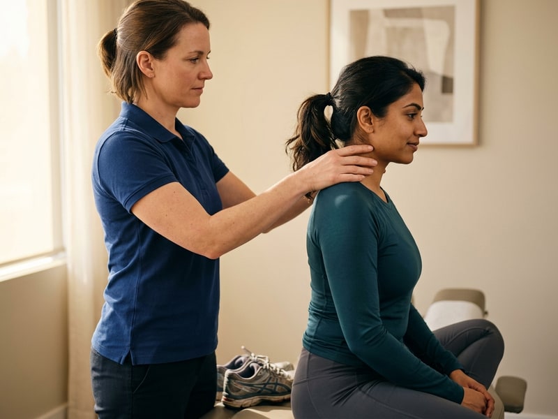 A chiropractor gently assesses the neck and upper cervical region of a seated adult female runner in athletic clothing during a sports injury consultation.