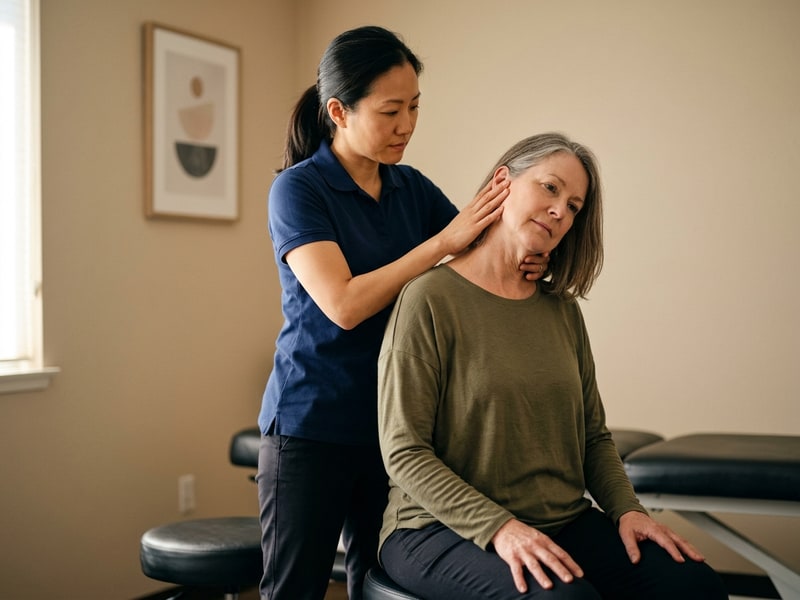 A chiropractor guides a seated older woman through a neck and shoulder range-of-motion check in a softly lit California chiropractic office.