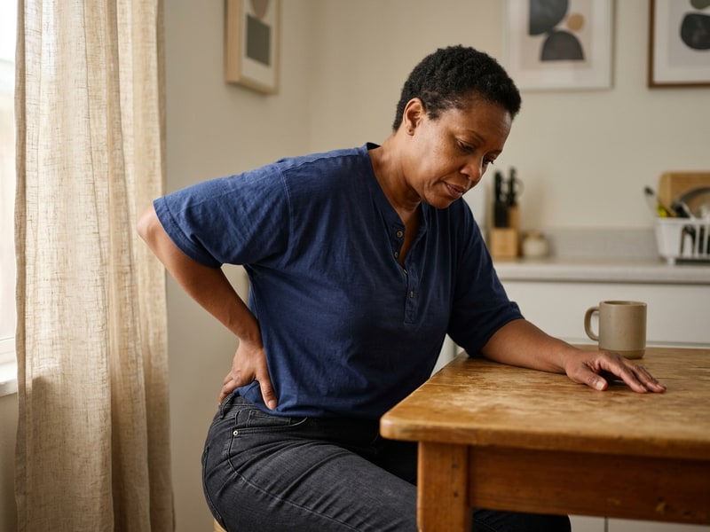 A worried middle-aged Black woman in everyday clothing sits hunched at a kitchen table resting her forearm on the surface, conveying the frustration of unresolved nerve pain before seeking chiropractic care.