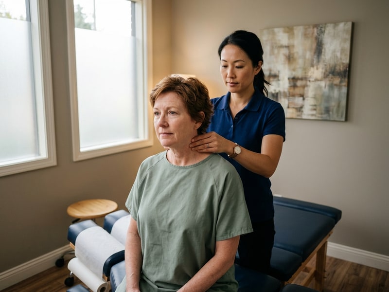 A female chiropractor in a plain navy polo carefully assesses the cervical spine of a seated middle-aged white woman in a calm, softly lit chiropractic treatment room.