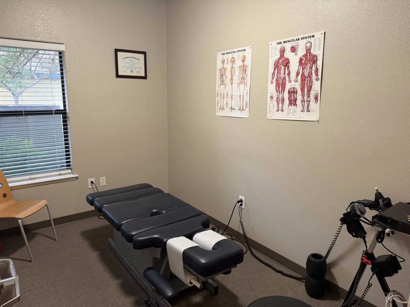 Adjustment room at the Tracy office with a navy chiropractic table and skeletal and muscular system wall charts