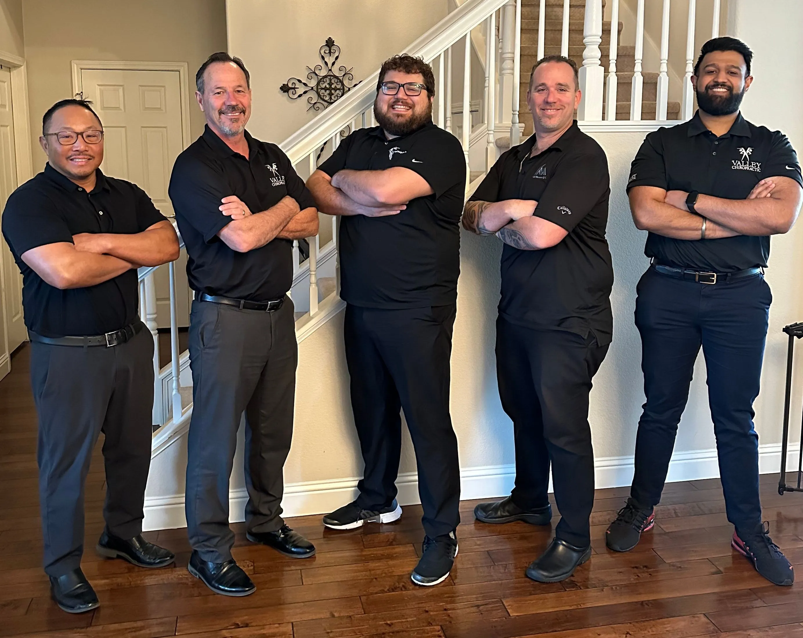The five Valley Chiropractic Center doctors: Dr. Garrido, Dr. Coykendall, Dr. Durant, Dr. Russell, and Dr. Atwal